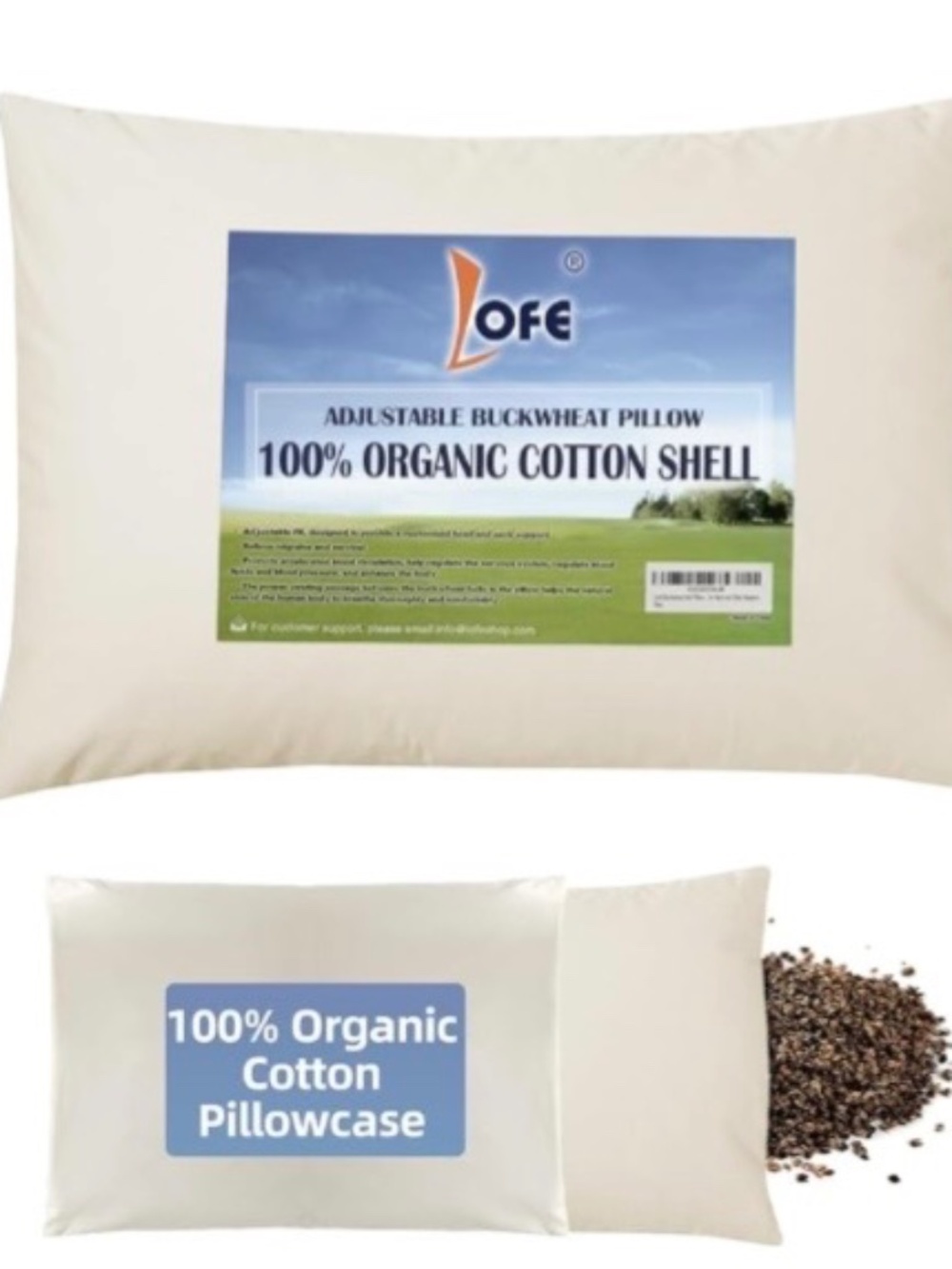Lofe organic, buckwheat pillow with cotton pillowcase.